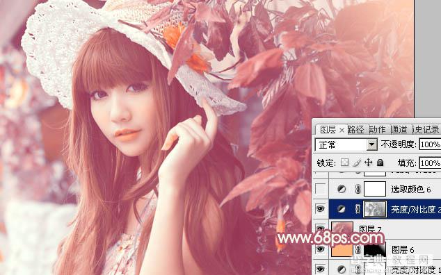 Photoshop将树叶下的美女图片增加上甜美的橙色效果39