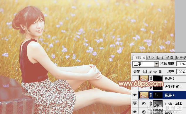 Photoshop为草地上的美女图片增加柔和的淡调橙褐色33