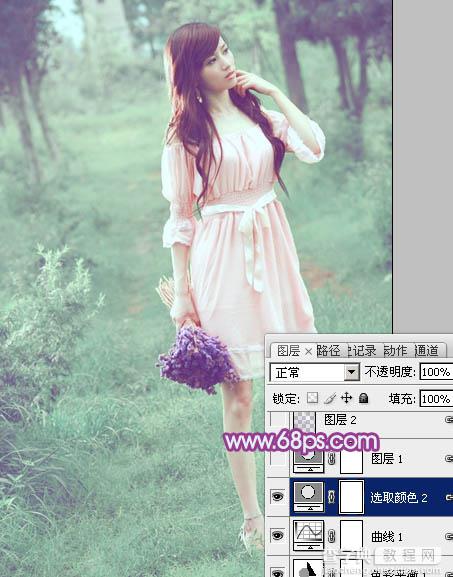 Photoshop将树林美女图片调制出柔美的淡调青绿色20