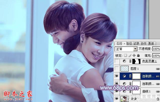Photoshop将室内情侣图片调制出流行的韩系淡蓝色15