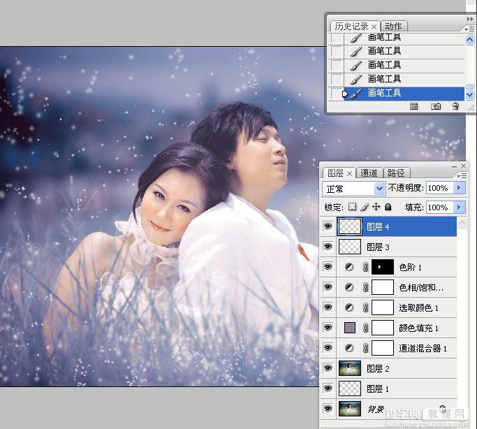 Photoshop将草丛中的婚片打造出浪漫的暗调蓝紫色效果23