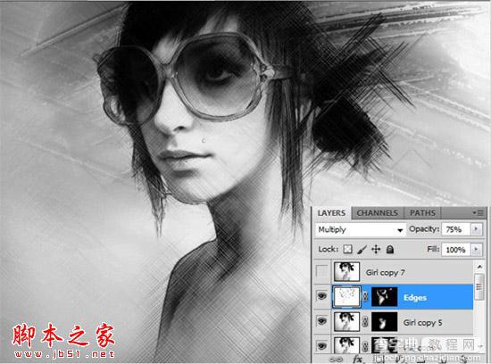 Photoshop将人物头像转为黑白水彩画效果18