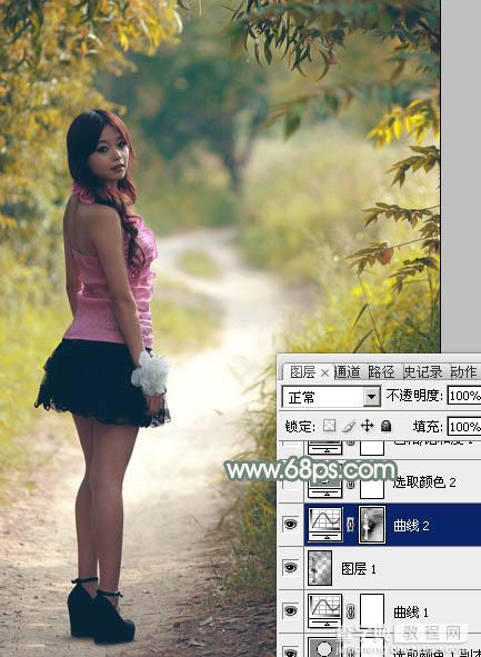 Photoshop为树林中的红衣美女加上漂亮的秋季色17