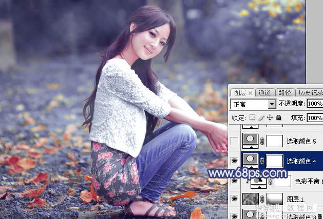 Photoshop将外景美女图片打造出甜美的深秋暗蓝色效果37