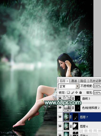 Photoshop为湖边的美女调制出童话中的梦幻青色调38