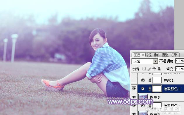 Photoshop为偏暗的草地美女图片加上柔美的浅蓝色调39