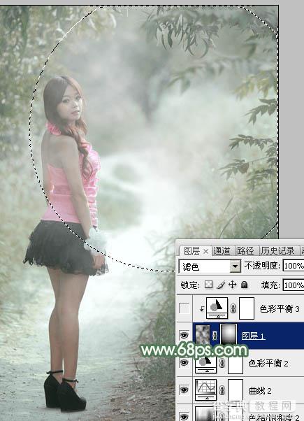 Photoshop为林间路上的美女添加梦幻的冷色绿色调30