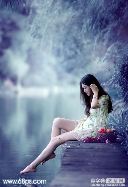 Photoshop打造出唯美的秋季青蓝色塘边的美女图片2