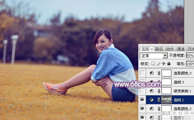 Photoshop将草地上的美女打造甜美的淡调蓝黄色14