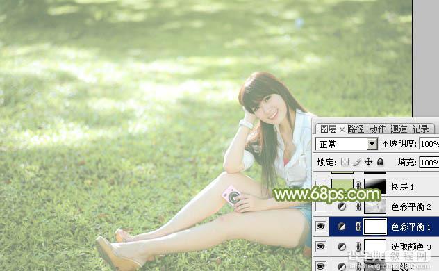 Photoshop将绿草上的美女打造出甜美的韩系淡绿色26