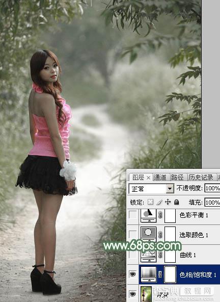 Photoshop为林间路上的美女添加梦幻的冷色绿色调6