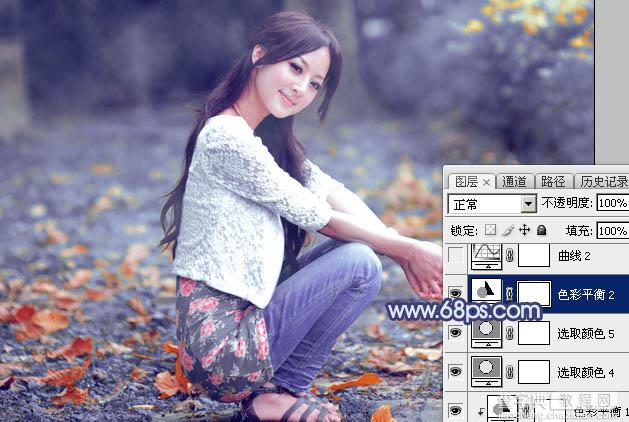 Photoshop将外景美女图片打造出甜美的深秋暗蓝色效果47