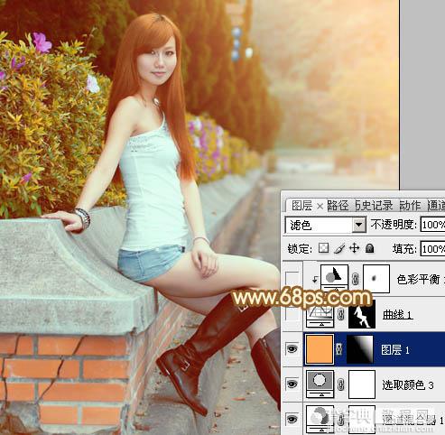 Photoshop为花坛边美女调制出非常柔和的阳光暖色效果26
