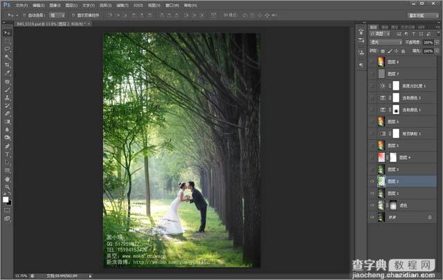 Photoshop为偏暗的树林婚片增加灿烂的阳光色彩5