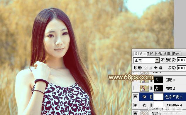 Photoshop为绿树边的美女调制出韩系暖褐色33