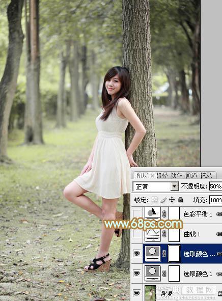 Photoshop将树林美女图片调制出柔和淡雅的黄绿色6
