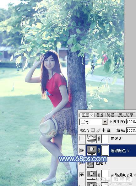 Photoshop为树边的女孩增加流行的淡调青蓝色27