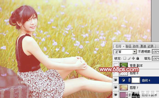 Photoshop为草地上的美女加上小清新的粉黄色37