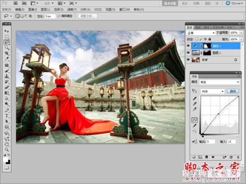 Photoshop为古建筑人物图片增加天空及美化教程23