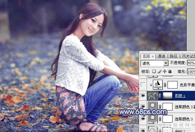 Photoshop将外景美女图片打造出甜美的深秋暗蓝色效果28