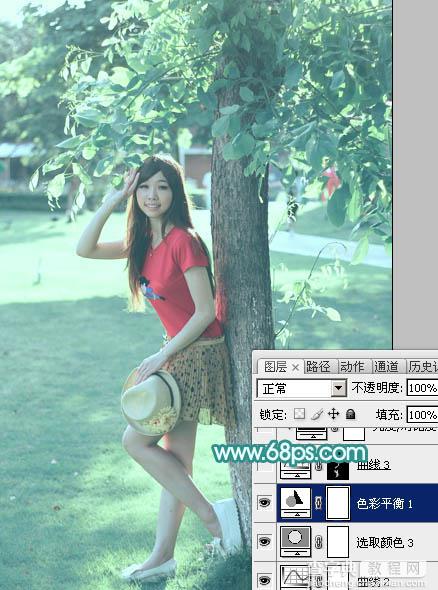 Photoshop为树荫下的美女图片加上清爽的青绿色25