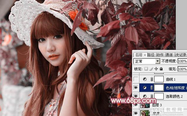 Photoshop将树叶下的美女图片增加上甜美的橙色效果7