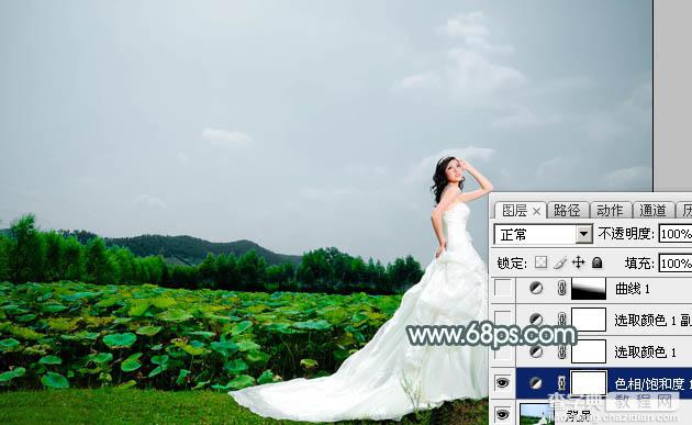 Photoshop为荷塘边的美女加上古典青色调4