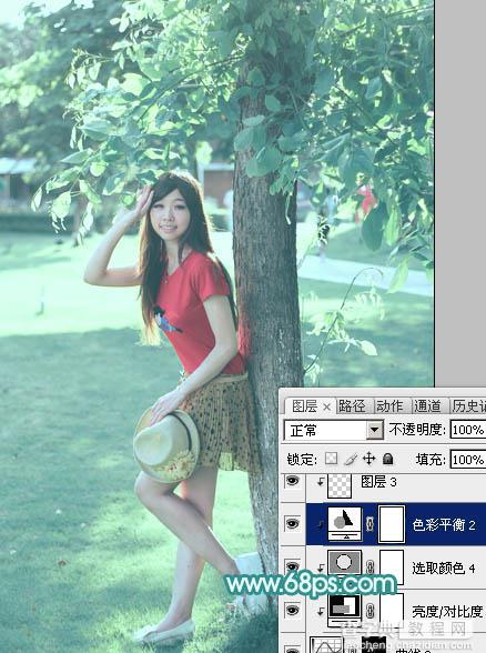 Photoshop为树荫下的美女图片加上清爽的青绿色32
