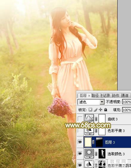 Photoshop将树林人物图片调制出朦胧的淡黄色效果29
