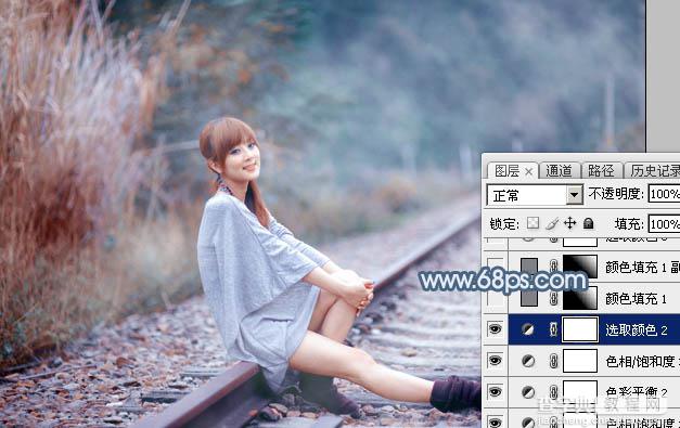 Photoshop为铁轨上的美女调制出梦幻的淡蓝色34