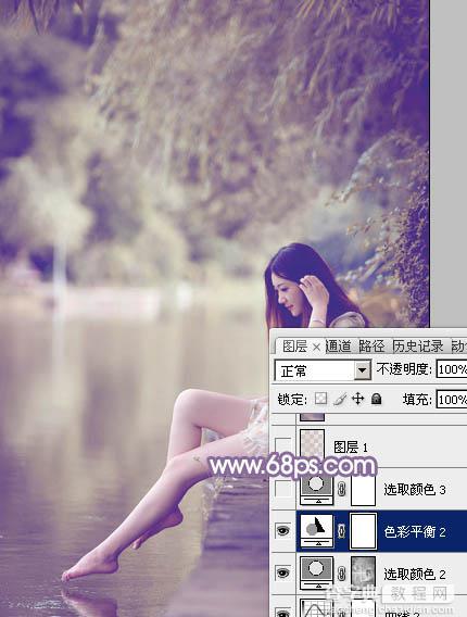 Photoshop将水塘边的美女加上漂亮的淡调黄紫色22