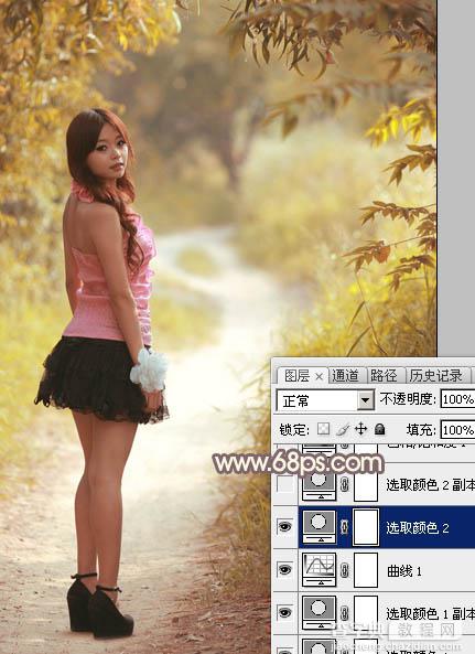 Photoshop调制出漂亮的红褐色树林人物图片19