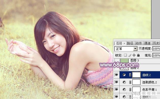 Photoshop为趴在绿草上的美女图片增加朦胧唯美的黄紫色22