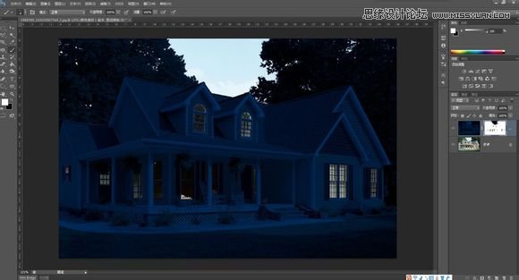 Photoshop把白天的别墅照片调成逼真的夜景效果6