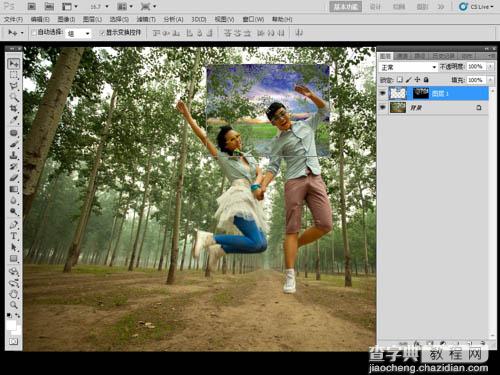 Photoshop将泛白的树林人物图片调制出蓝色天空效果13