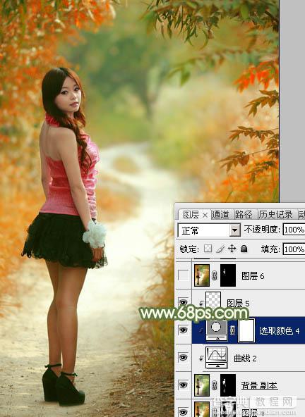 Photoshop将小树林中的美女调制出浓厚的橙绿色35