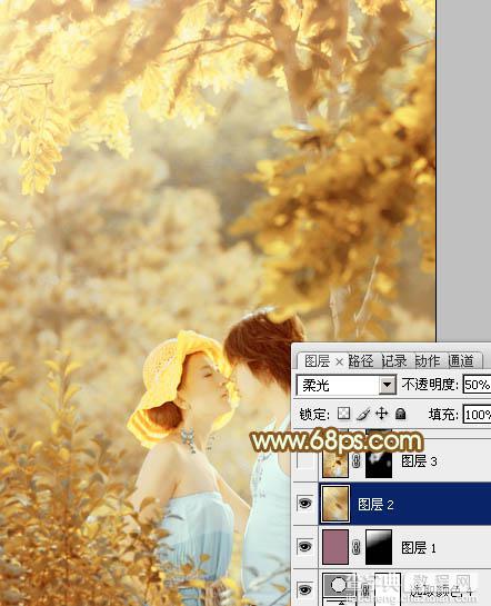 Photoshop将树林情侣图片增加上柔和秋季粉黄色35