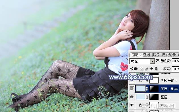 Photoshop为草地美女图片打造唯美的韩系青蓝色19