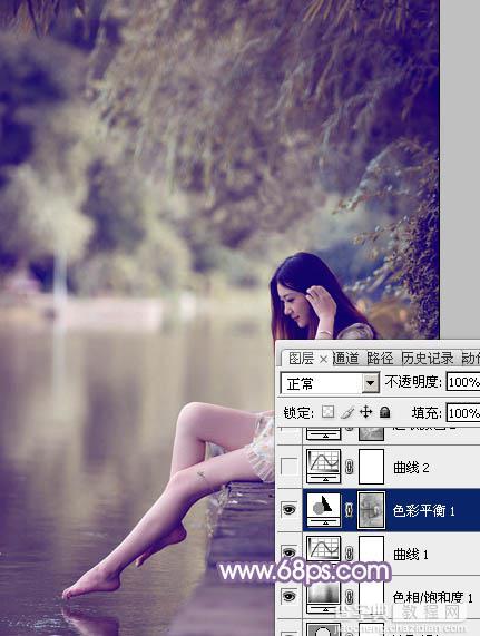 Photoshop将水塘边的美女加上漂亮的淡调黄紫色14