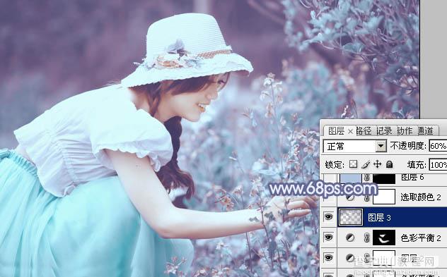 Photoshop将花草中的美女增加上冷艳的淡调青蓝色25