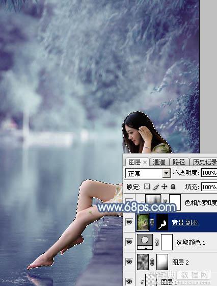 Photoshop打造出唯美的秋季青蓝色塘边的美女图片20