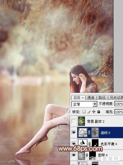 Photoshop为溪边的美女调制出漂亮的淡调红褐色34