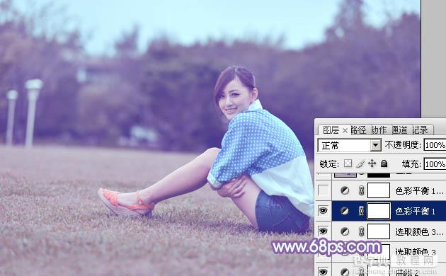 Photoshop为偏暗的草地美女图片加上柔美的浅蓝色调29