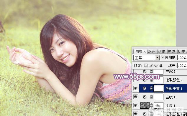 Photoshop为趴在绿草上的美女图片增加朦胧唯美的黄紫色14