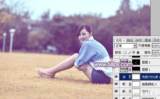 Photoshop将草地上的美女打造甜美的淡调蓝黄色29