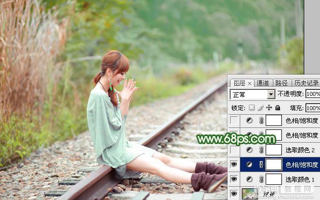 Photoshop为坐在铁轨的美女加上甜美的淡调粉绿色13