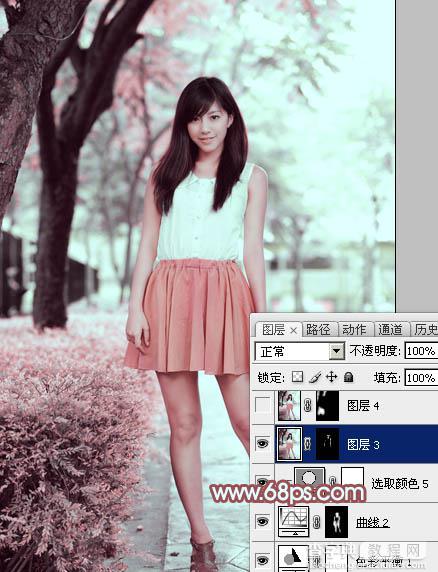Photoshop为树下的美女图片调制出甜美的粉调青红色33