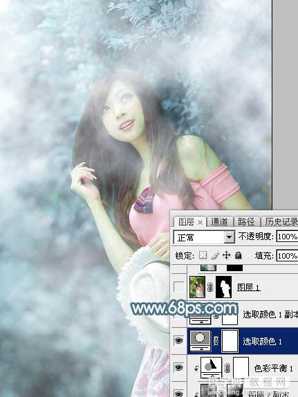 Photoshop为树林美女图片调制出唯美的淡蓝色云彩效果15