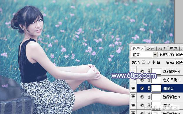 Photoshop将花草中的美女加上唯美梦幻的青蓝色20