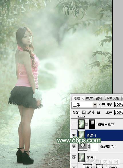 Photoshop为林间路上的美女添加梦幻的冷色绿色调39